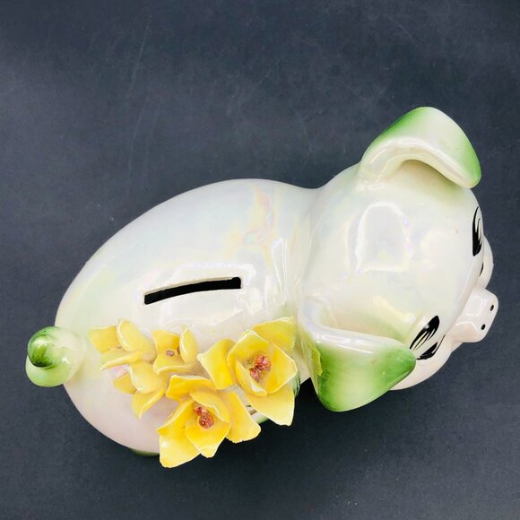 Vintage NORCREST Iridescent Piggy Coin Bank, Green Lusterware, 3D Yellow Flowers - Picture 3 of 12